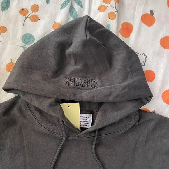 Vetements Dark Grey Letter Print Hooded Sweatshirt - Picture 3 of 7